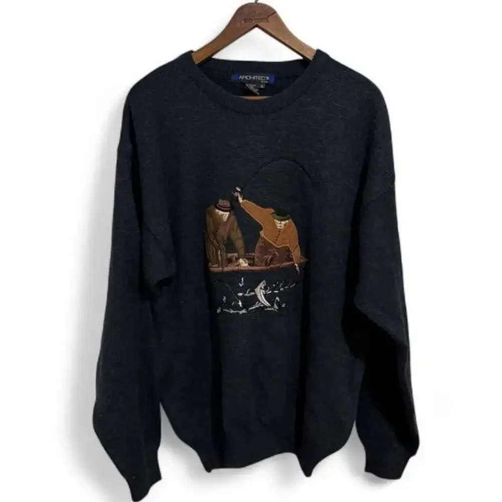 Architect Vintage Fisherman Scene Graphic Knit Sweater XL Dark Charcoal Grey